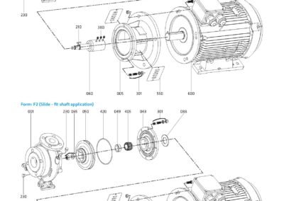 Schema della pompa centrifuga industriale orizzontale EIP-ECO-SNM, portata 600 m³/h, consente il trasferimento di liquidi in varie applicazioni industriali.