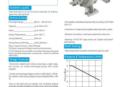 Ficha técnica de la bomba centrífuga de alta temperatura especialmente diseñada para soportar altas temperaturas. Ideal para transferencia térmica industrial.